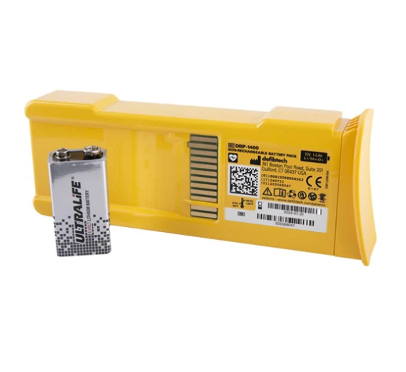 Yellow battery pack with a smaller battery on a white background