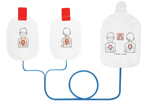 Diagram of three AED pads with illustrations of a person on a white background