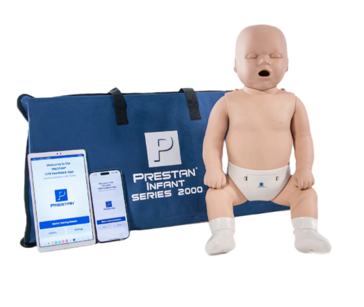 Prestan Infant Series 2000 CPR training mannequin with two smartphones on a white background