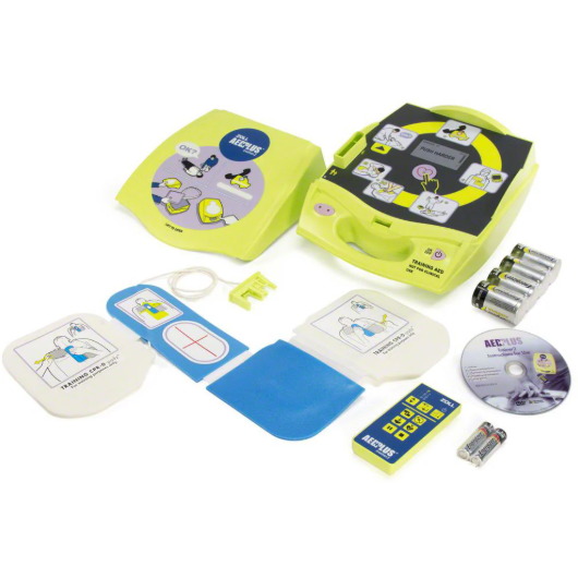 AED (Automated External Defibrillator) kit with various components on a white background