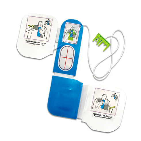CPR training device with blue and white components on a white background