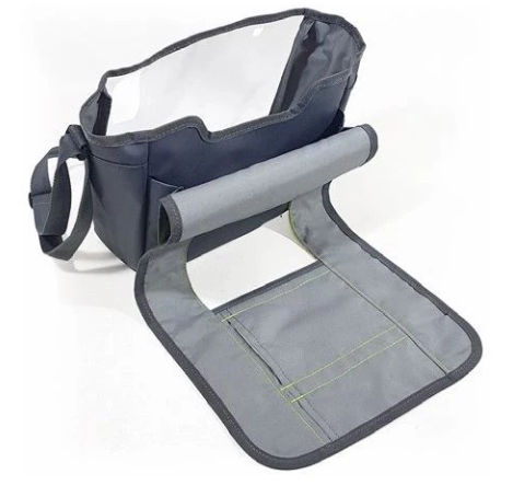 Portable sitting pad with storage bag on a white background