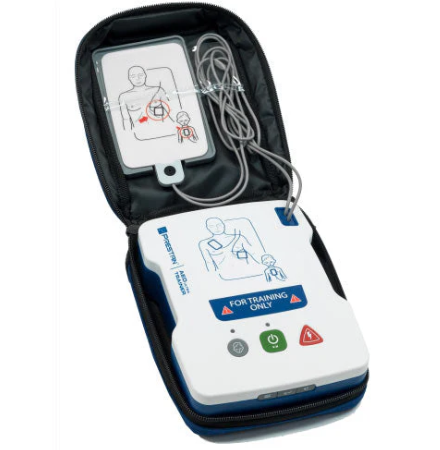AED (Automated External Defibrillator) with training manikin diagram on a white background