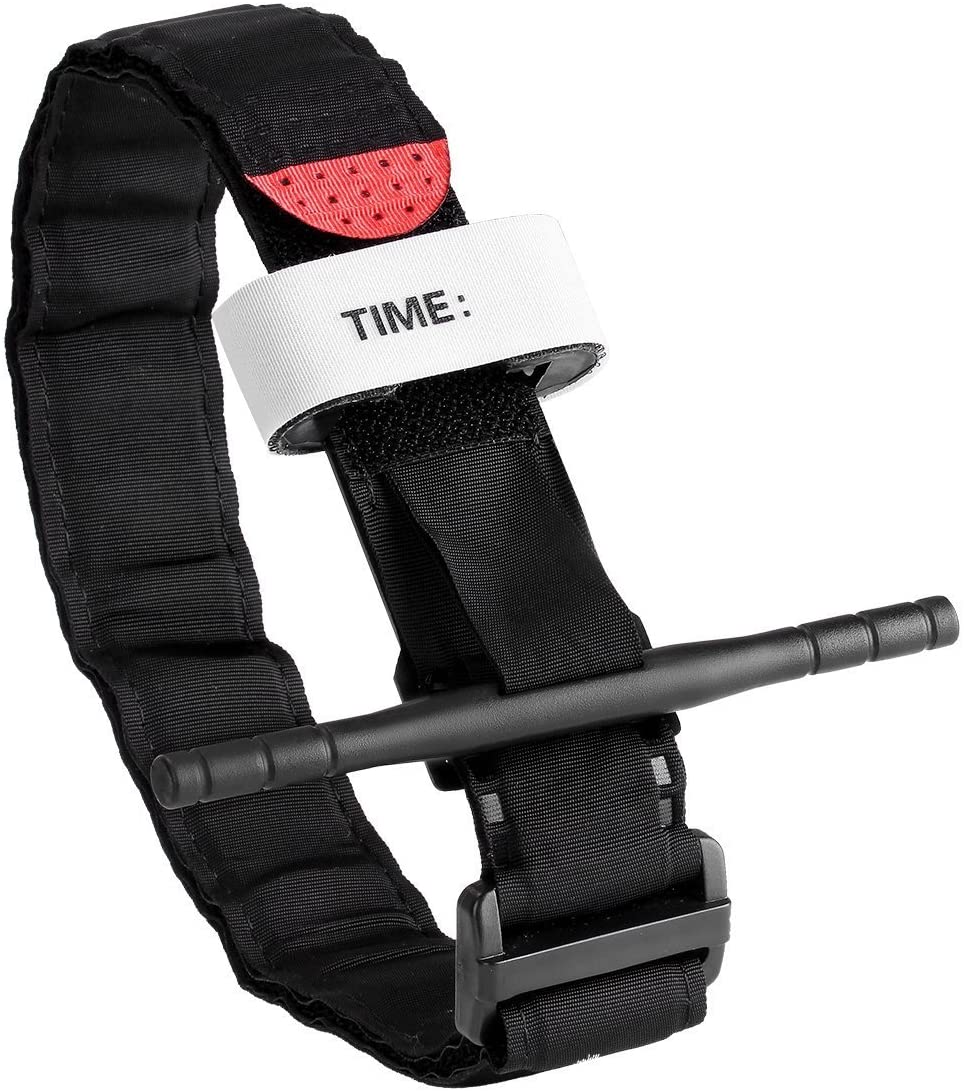 The AED Shop's Tourniquet - Windlass style for limb trauma care, equipped with a black strap and windlass, includes a time label and red tip for effective blood loss management.