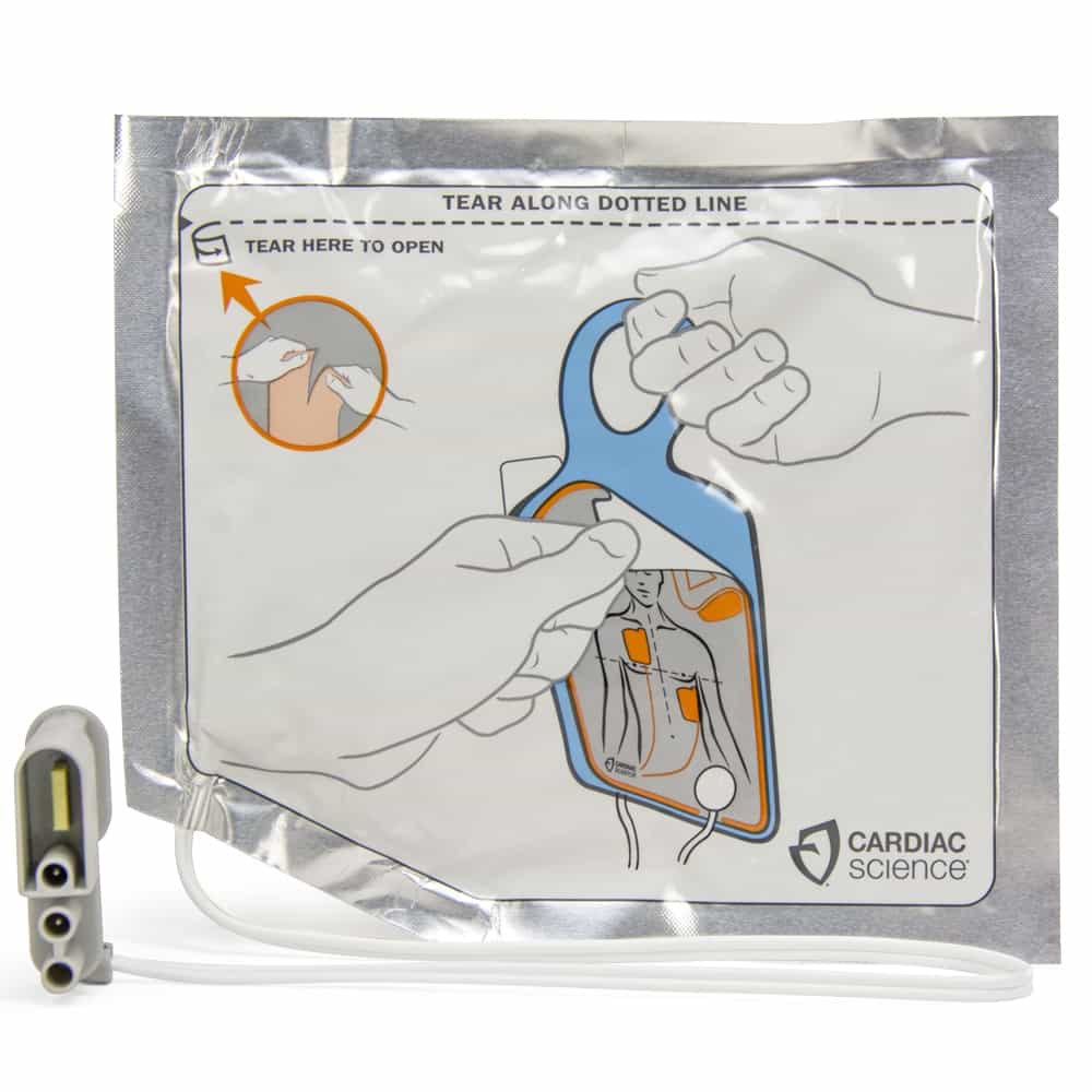 Cardiac Science G5 Adult Pads (no CPR feedback) for a defibrillator, featuring Rescue Ready® technology, with instructions on how to open the packaging.