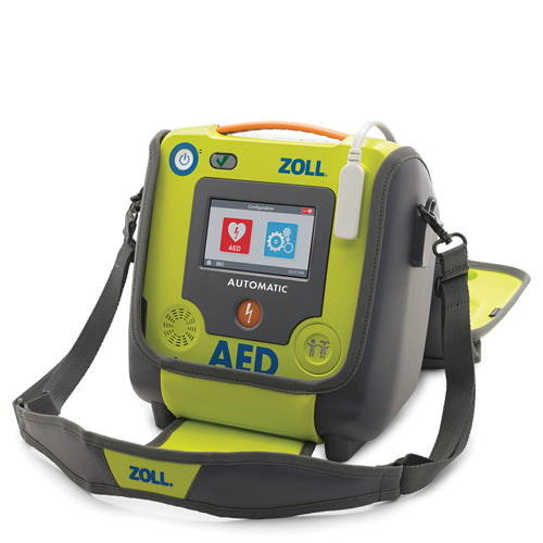 A green and black ZOLL automatic AED (Automated External Defibrillator) includes a strap, power button, electrode pad slot, and a display screen with AED and gear icons. For optimal portability, this compact device can be easily transported using the ZOLL AED 3 Carry Case by ZOLL.