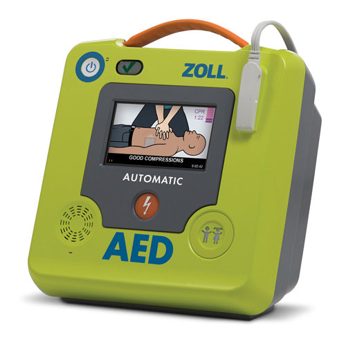 A green and gray ZOLL AED 3 with Carry Bag Package by ZOLL, featuring an illustrated instructions screen for CPR and defibrillation, doubling as a reliable Automated External Defibrillator.