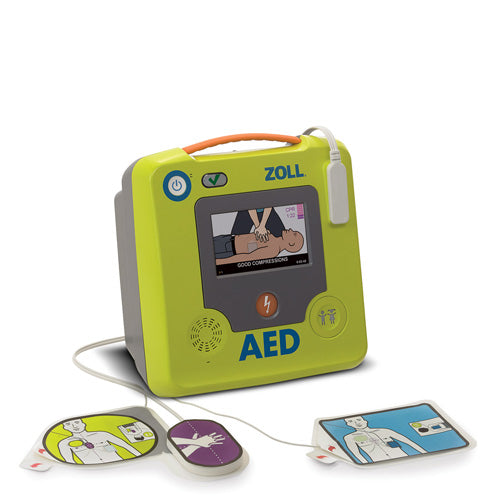 A ZOLL AED 3 with Carry Bag Package by ZOLL, featuring a display screen that shows CPR instructions and includes attached pads for use in cardiac emergencies.