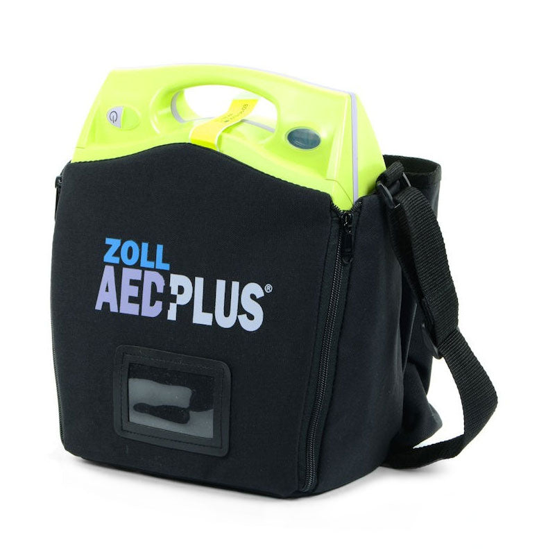 ZOLL AED Plus automated external defibrillator by ZOLL, encased in a black carrying case with a shoulder strap, featuring Real CPR Help.