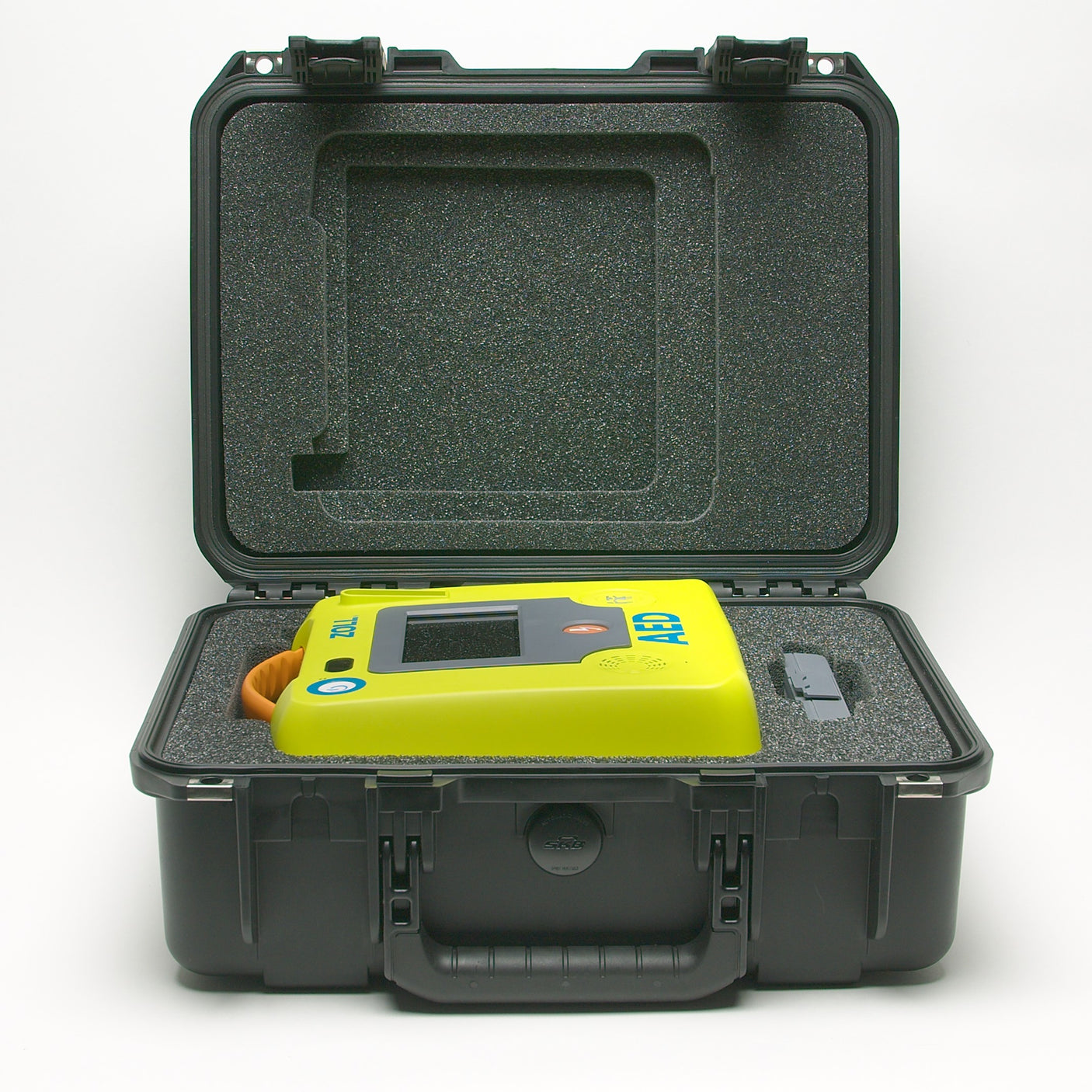 Description: The ZOLL AED 3 Hard Case (Small) by ZOLL is an open grey case designed to securely house a yellow portable electronic device within foam padding, providing excellent impact protection.