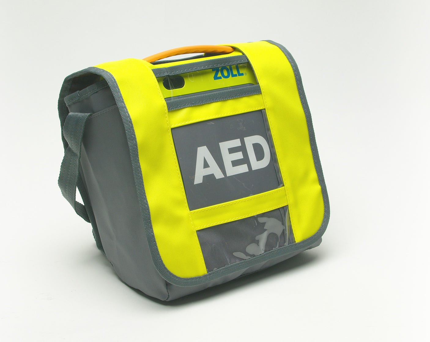 This slim ZOLL AED 3 Soft Carry Case in gray and yellow features a handle and proudly displays the brand name "ZOLL" at the top. Perfectly designed to house your ZOLL AED, it ensures both protection and portability in one compact package.