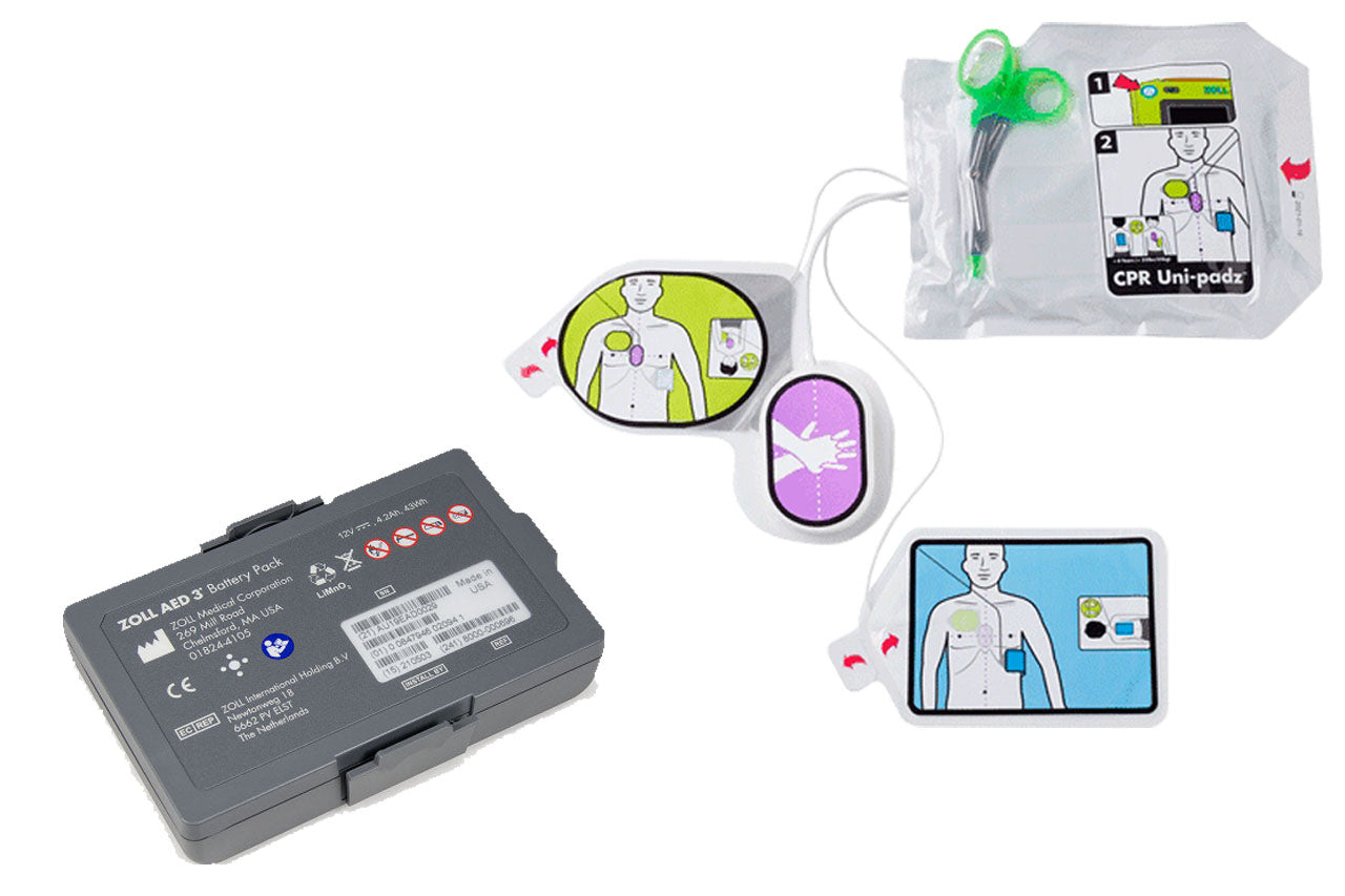 The ZOLL AED 3 Refresh Pack by ZOLL includes an AED kit complete with instruction diagrams, electrode pads, a storage case, CPR guidance tools, and a battery pack.