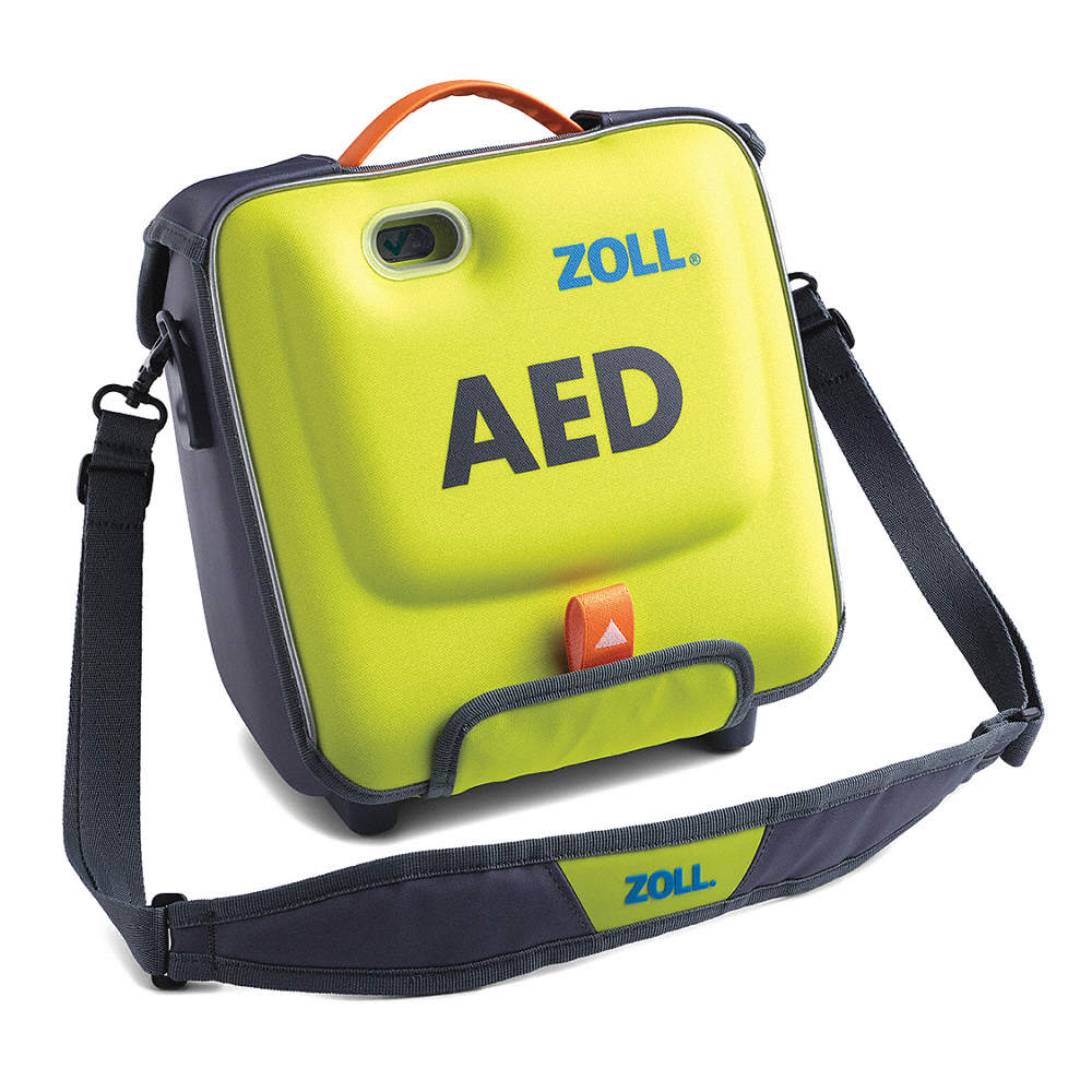 Bright yellow ZOLL AED 3 with Carry Bag Package, featuring a convenient shoulder strap and handle for easy transport.