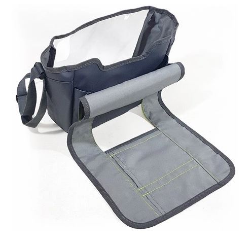 The ZOLL AED 3 Soft Carry Case by ZOLL is a gray, slim option featuring an open flap that reveals multiple inner compartments and includes a convenient shoulder strap, ideal for parents on the go.