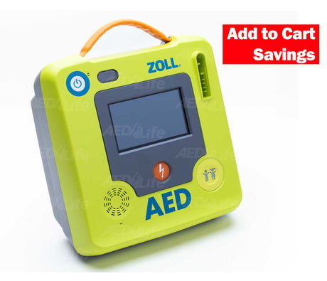 ZOLL AED on a white background with 'Add to Cart Savings' text.
