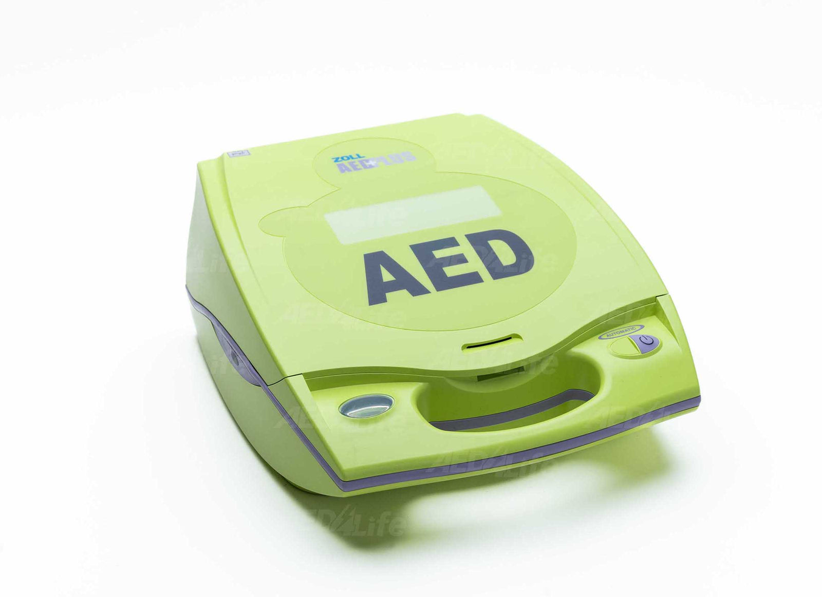 A green automated external defibrillator (AED) device on a white background.