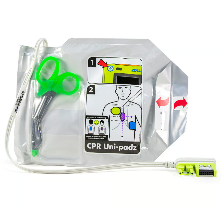 The ZOLL AED 3 CPR Uni-padz from ZOLL includes CPR electrodes with illustrated placement instructions, a green plastic scissor, and a cable attachment that integrates seamlessly with the ZOLL AED 3 defibrillator.