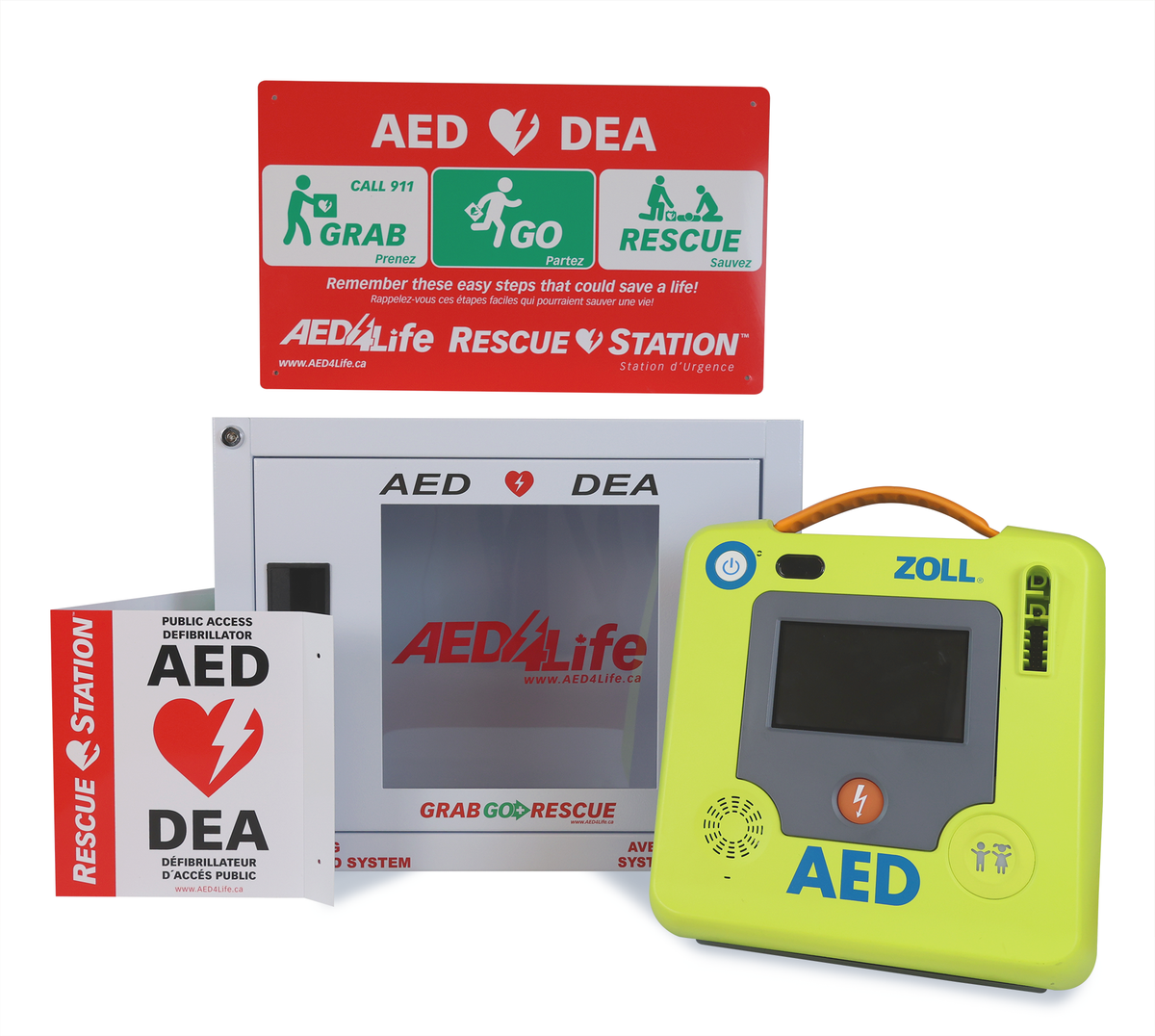 ZOLL AED 3 - Complete Package by ZOLL, featuring an instruction sign, storage cabinet, and a prominent yellow ZOLL AED 3 Automated External Defibrillator at the forefront, offers users clear guidance for effective CPR during emergencies.