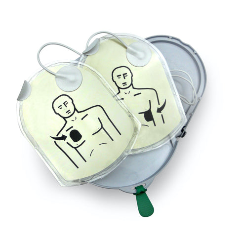 HeartSine Samaritan Adult Pad-Pak defibrillator pads feature illustrations for correct placement on a person's chest and side, and come neatly housed in an open case that includes the HeartSine Pad-Pak.