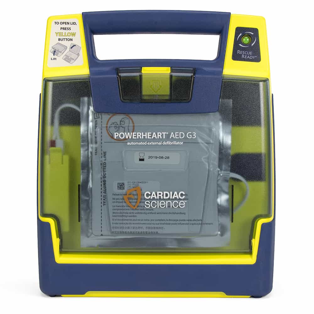 A yellow and blue "Powerheart AED G3" by Cardiac Science features compatible Cardiac Science G3 AED Defibrillation Pads.