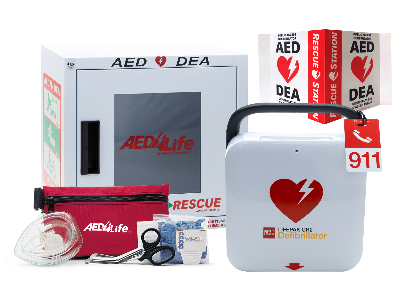 AED (Automated External Defibrillator) with accessories and packaging on a white background