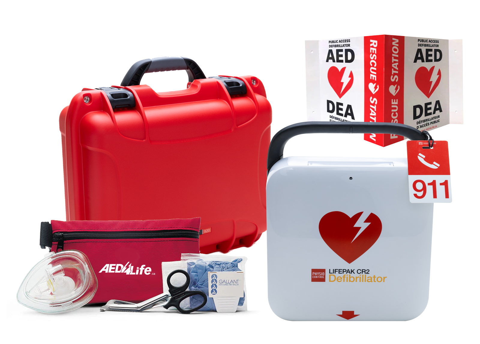 AED device with accessories and red carrying case on a white background