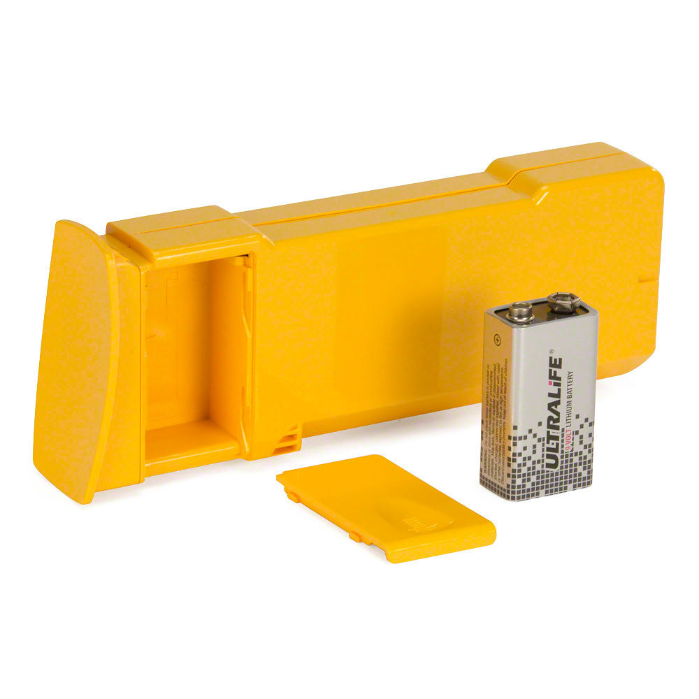 Yellow battery holder with its cover removed and placed in front, next to a standing 9-volt battery from the Defibtech Standard Battery Pack for Lifeline AED.