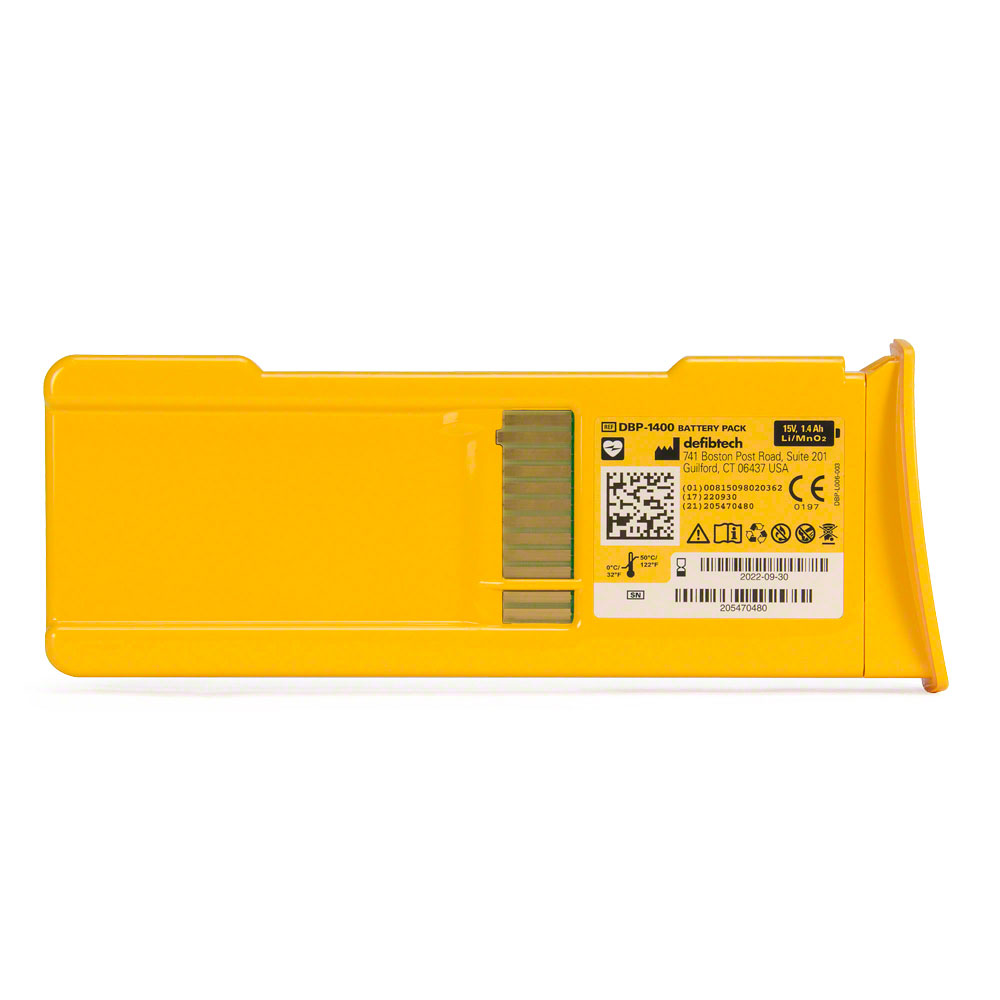 A yellow Defibtech Standard Battery Pack with a black and white label, barcode, and included 9-volt battery for your Lifeline AED.