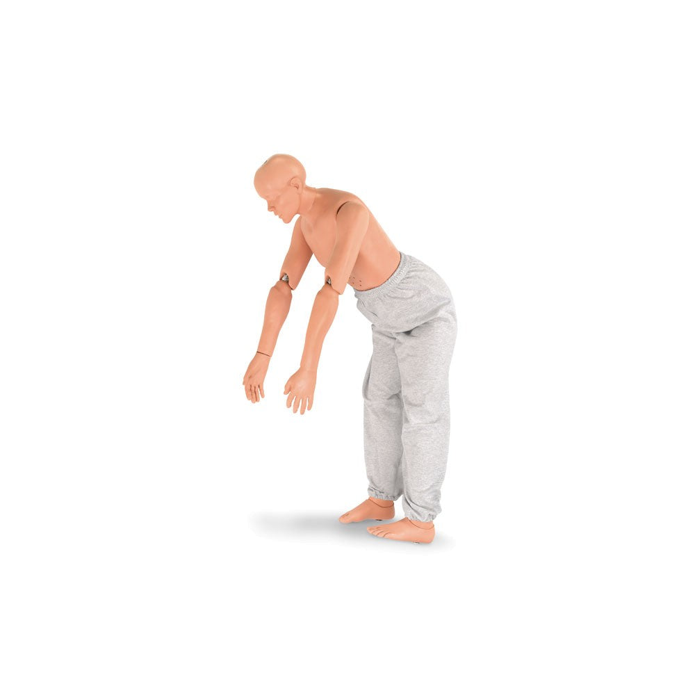 Plastic manikin in grey sweatpants bending over slightly with arms reaching towards the ground.