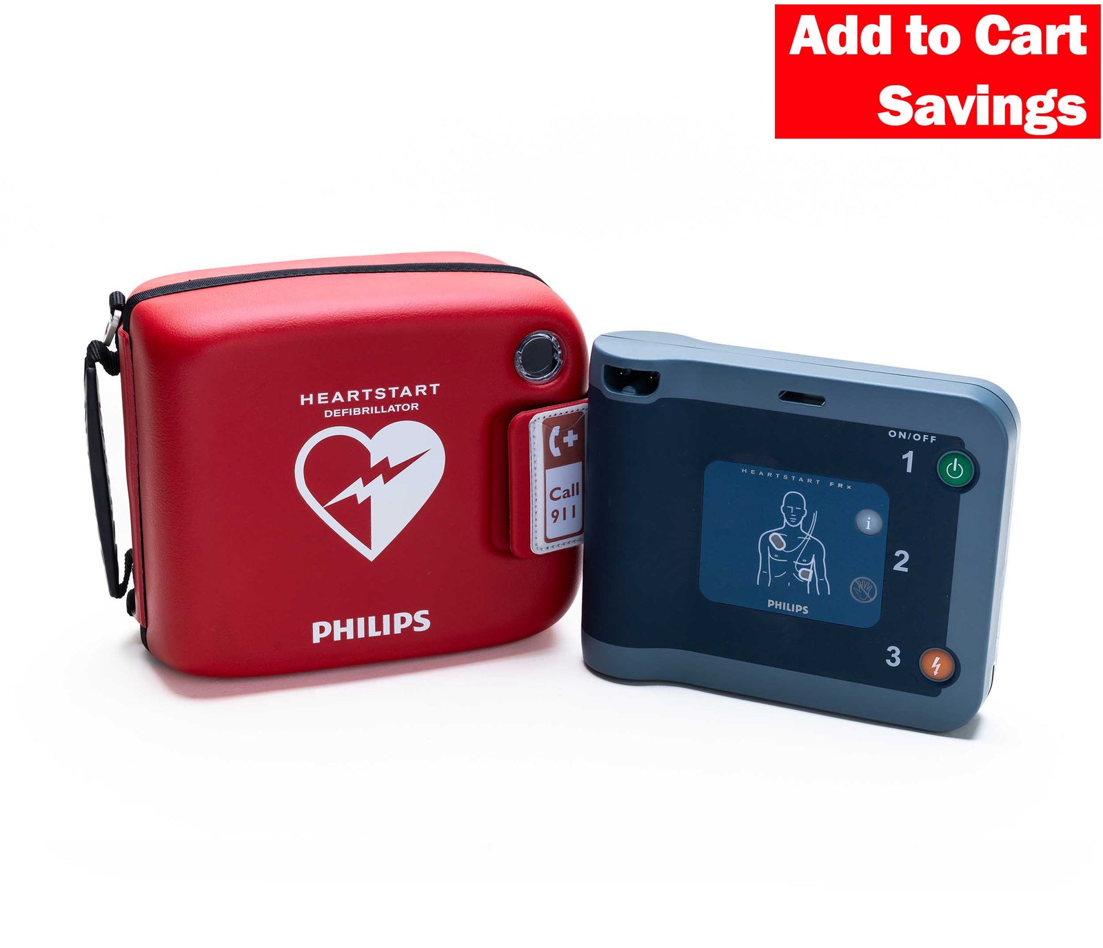 Philips Heartstart defibrillator with digital display on a white background