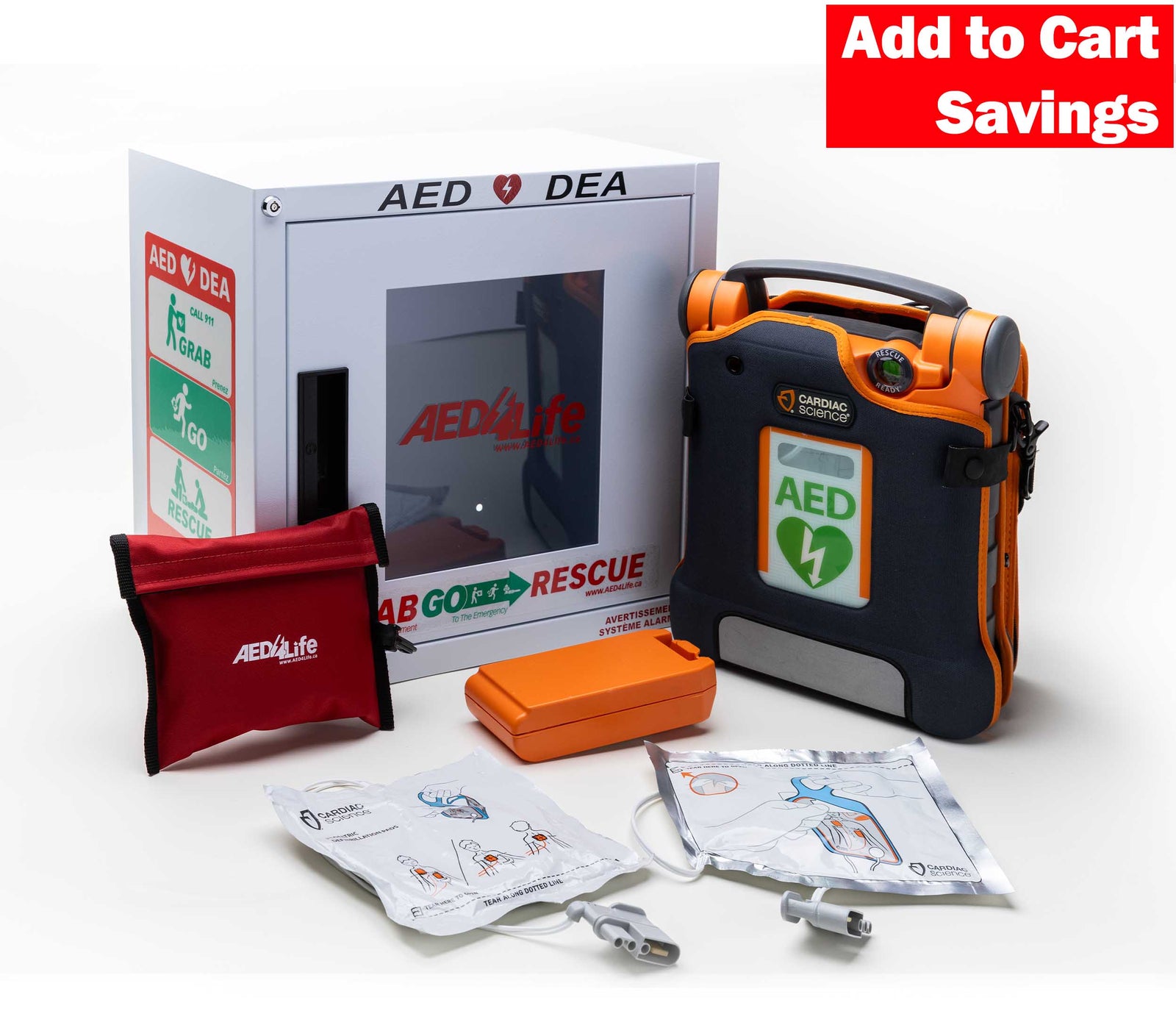 AED device with accessories and promotional text on a white background