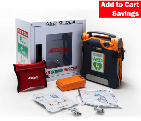 AED device with accessories and promotional text on a white background