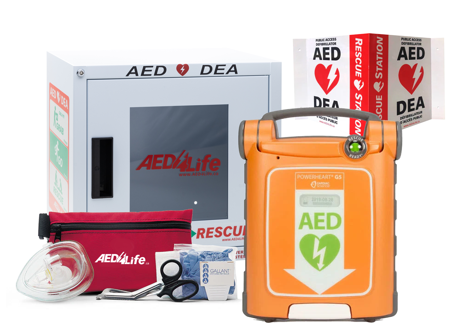 AED device with accessories and packaging on a white background