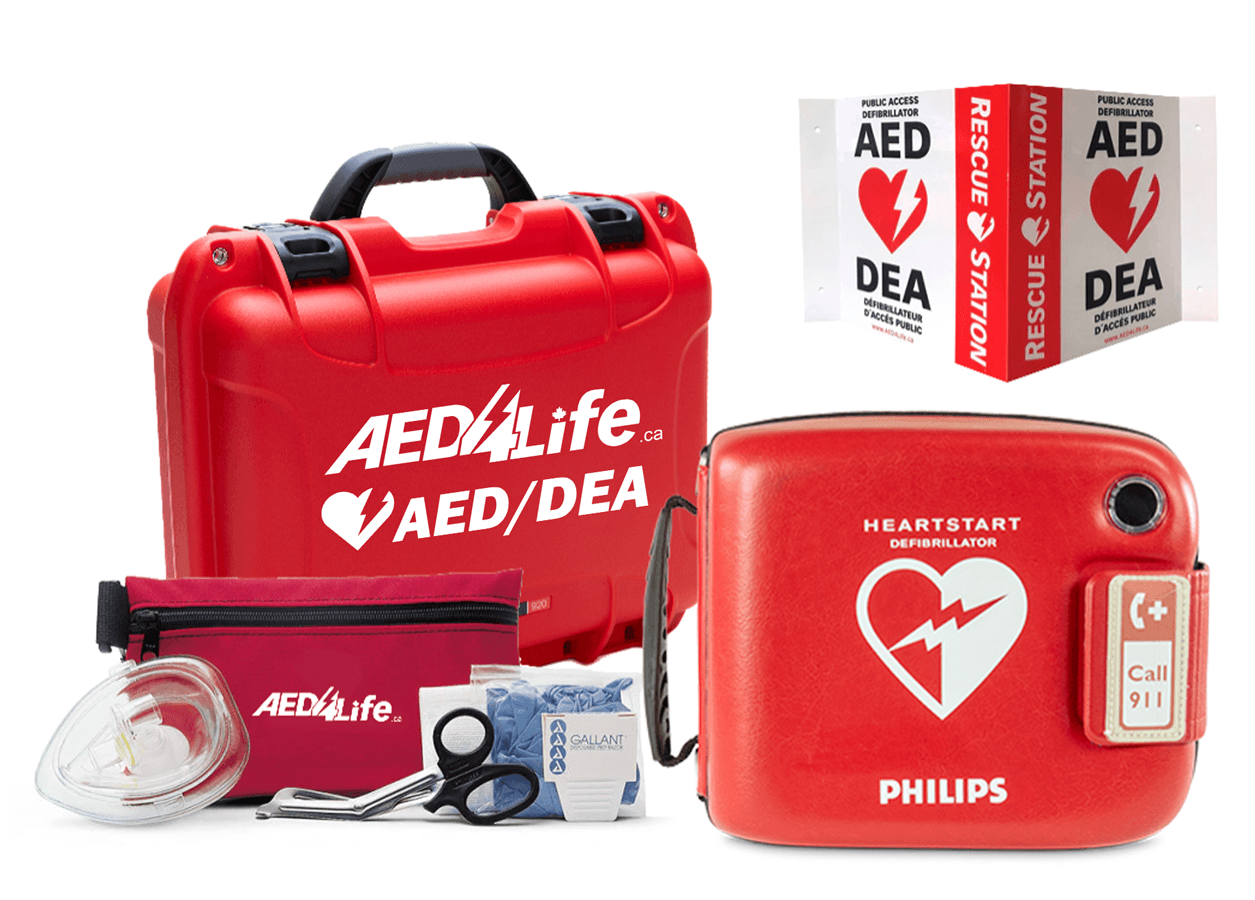 The Philips Heartstart FRX Construction and Workplace Safety Kit includes a defibrillator, mask, gloves, and rescue station sign with heart and lightning bolt symbols—ideal for emergency response at work.