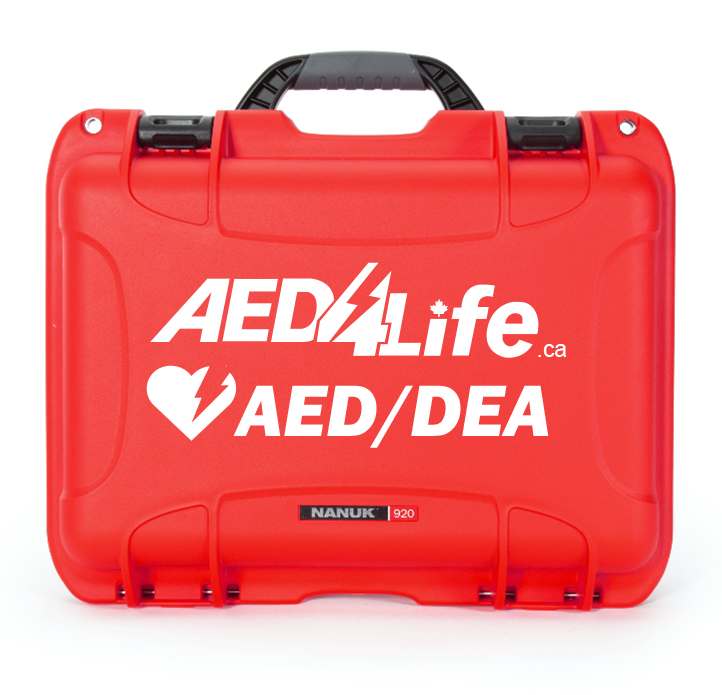 The AED4Life AED Hard Shell Case is a bright red, waterproof protective case with white "AED4Life" and "AED/DEA" logos on the front, designed to keep your device safe and secure.