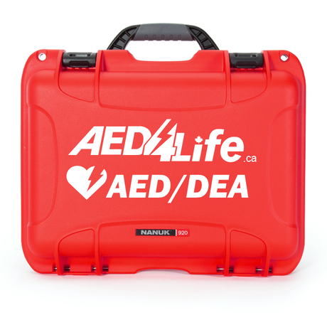 The AED4Life AED Hard Shell Case is a bright red, waterproof protective case with white "AED4Life" and "AED/DEA" logos on the front, designed to keep your device safe and secure.