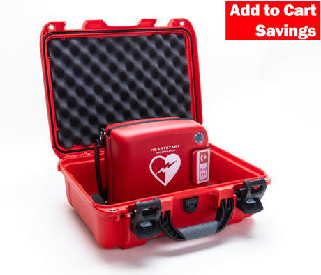 Red HeartStart defibrillator in a red carrying case on a white background with 'Add to Cart Savings' text.