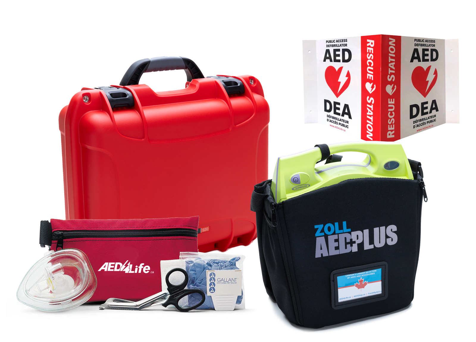 Red hard-shell case, ZOLL AED Plus, and AEDlife branded items on a white background