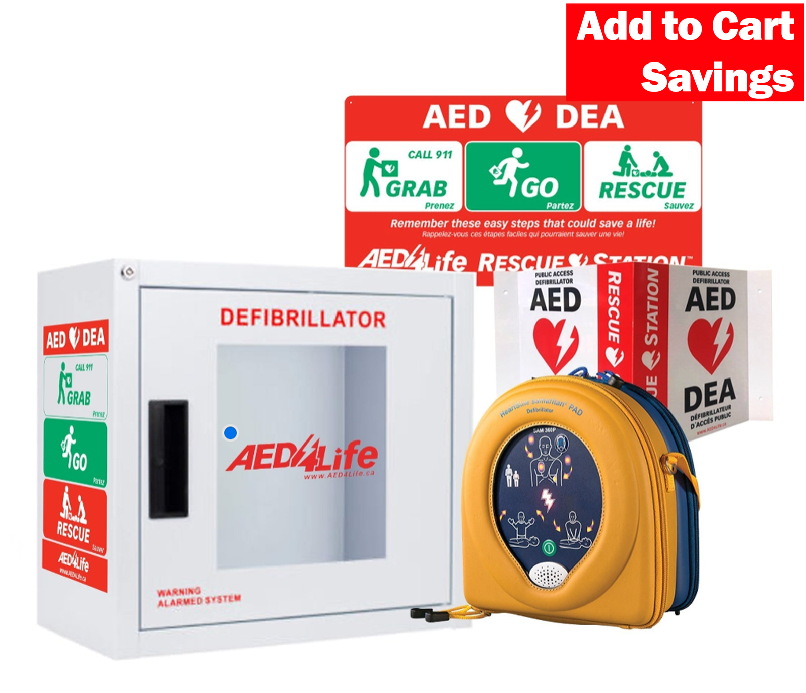 AED defibrillator with AEDLife branding and promotional text on a white background