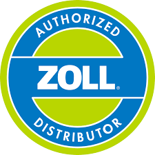 Round logo with a green border stating "Authorized Distributor" and a blue center featuring the ZOLL brand name in white, emphasizing the advanced monitoring capabilities of the ZOLL R Series Defibrillator.