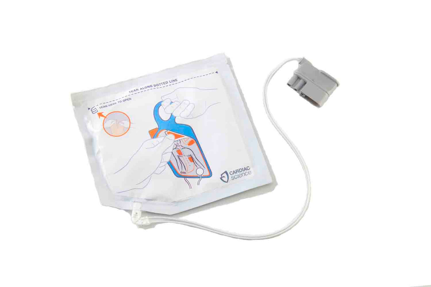 Cardiac Science G5 Adult Pads (no CPR feedback) come in a sealed package with instructions and an attached cable featuring Rescue Ready® technology.