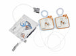 Cardiac Science G5 Pediatric Defibrillation Pads showing the chest placement and connectors, next to an opened foil package, specially designed for pediatric defibrillation protocols and compatible with the Powerheart G5.