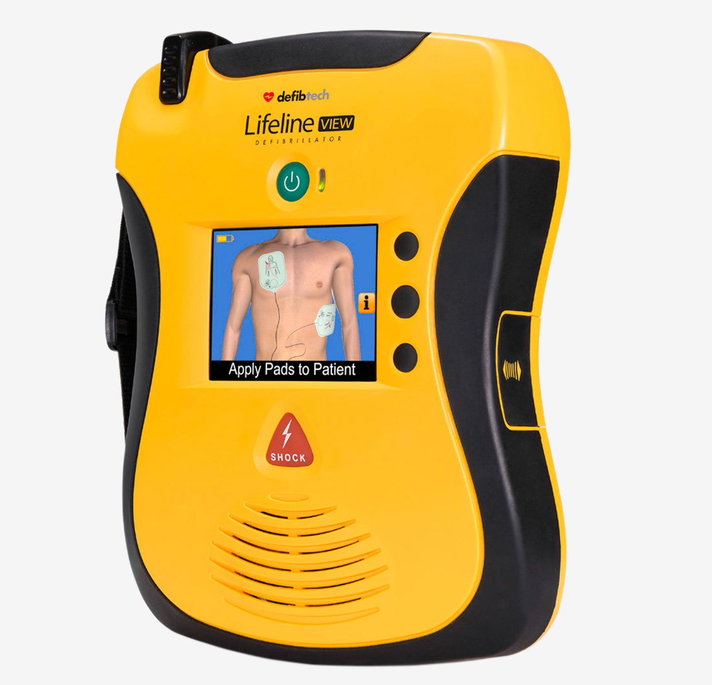 A Defibtech Lifeline VIEW AED in yellow and black, featuring a screen that displays step-by-step instructions for applying pads to a patient's chest, guiding you through CPR and external defibrillation.