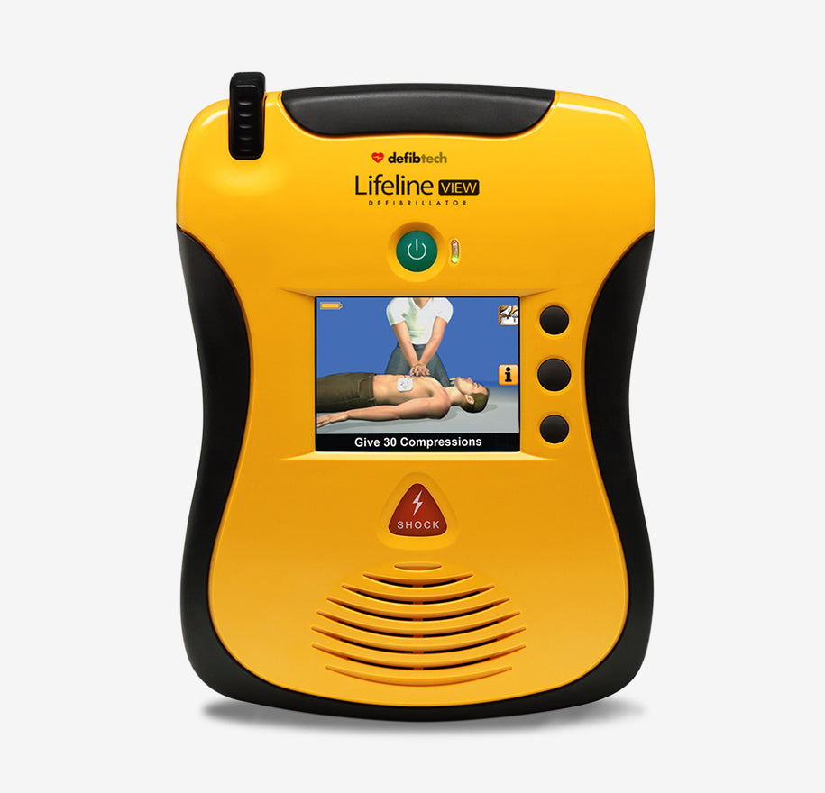 The Defibtech Lifeline VIEW from Defibtech is a yellow defibrillator that displays CPR instructions on a small screen, featuring buttons and a speaker below, and is designed for external defibrillation.