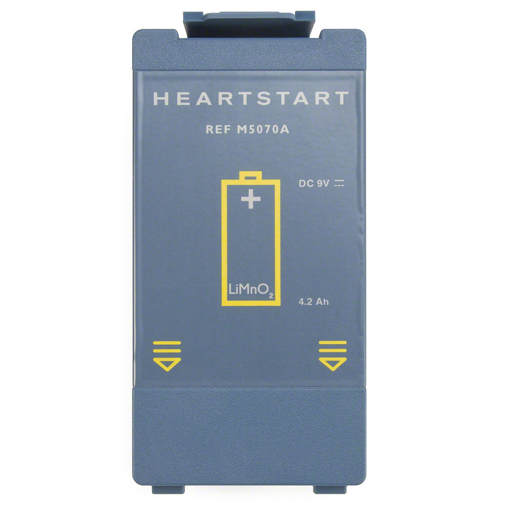 A rectangular, grey-blue battery pack labeled "Philips OnSite Refresh Pack" for medical use, showing specifications of 9V DC and 4.2 Ah. The yellow icon of a battery is shown in the center with "LiMnO2" inside. Two arrows and safety markings are at the bottom. Compatible with Philips OnSite AED units from the brand Philips.