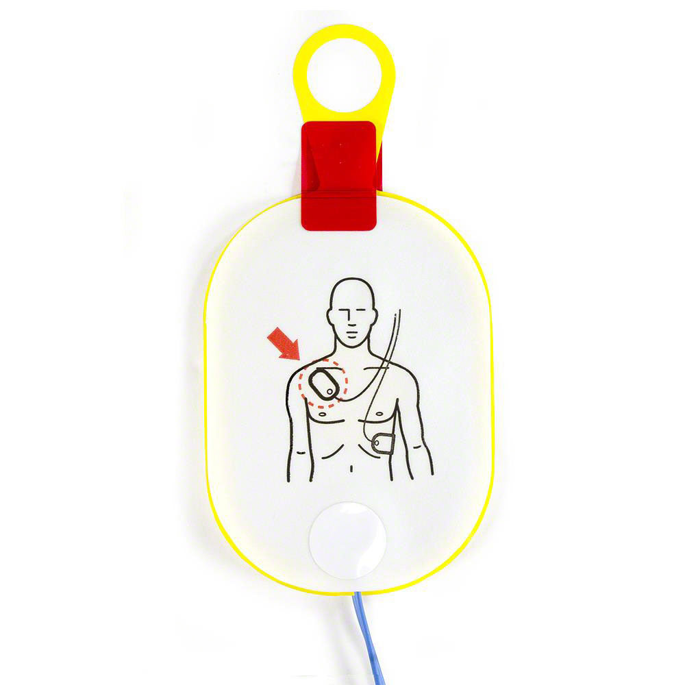 Illustration of a man with placement guide for Philips OnSite Adult SMART Pads Cartridge on his chest, used for a medical defibrillator by Philips.