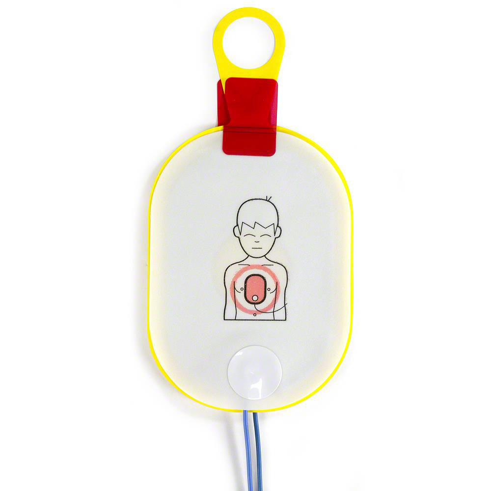 The Philips OnSite Infant/Child Cartridge Electrode Pads by Philips feature a Pediatric AED pad with a cartoon child illustration, showcasing electrode placement and a yellow and red clip at the top.