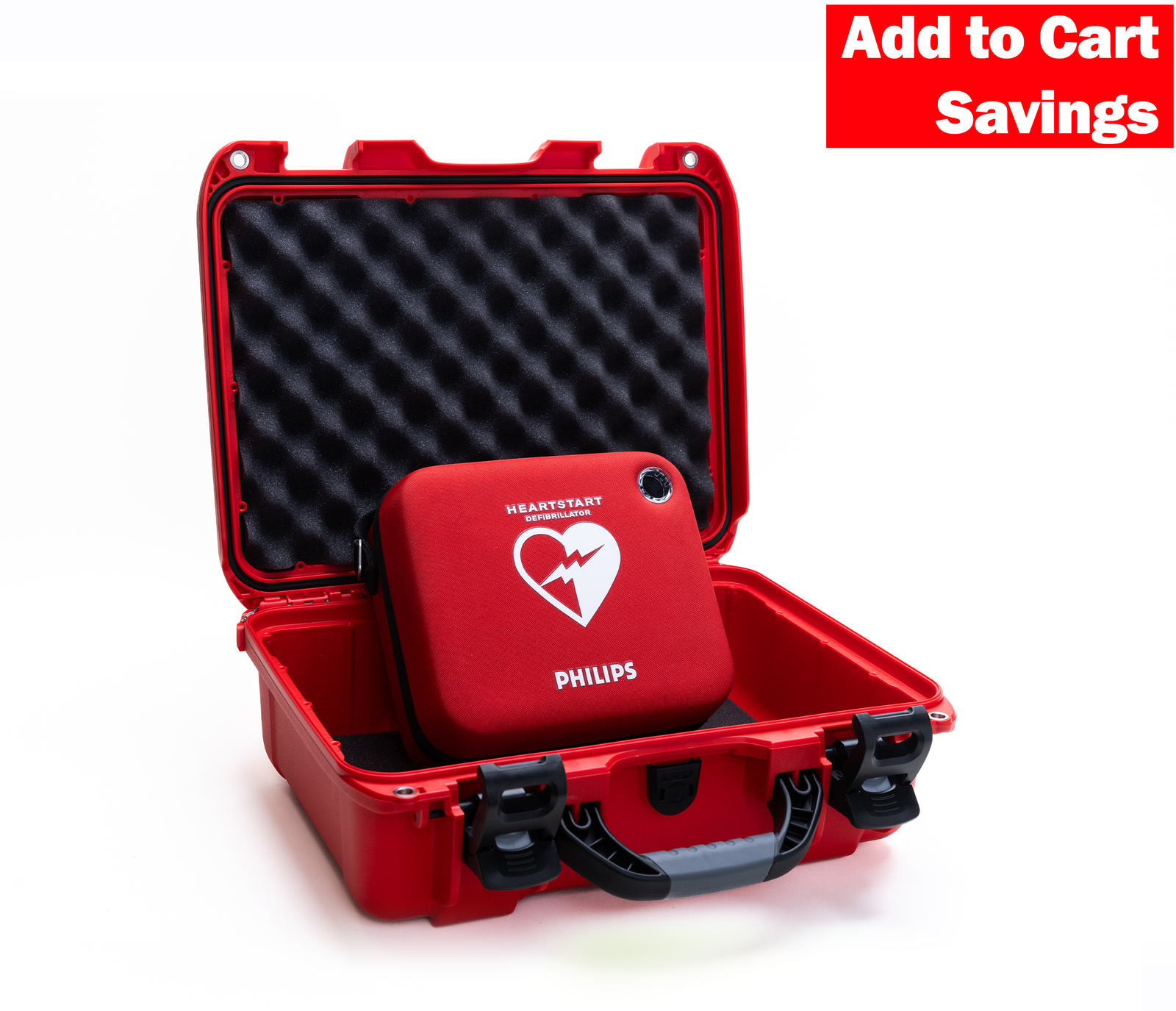 Red Philips HeartStart defibrillator case with a heart design on a white background