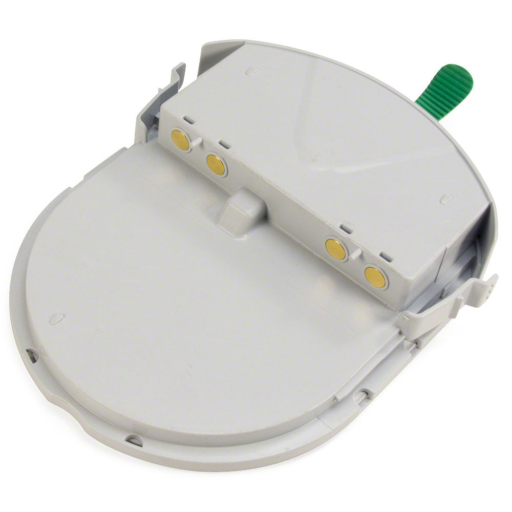 The HeartSine Samaritan Adult Pad-Pak, a round gray plastic device with a green handle, features two rows of circular yellow buttons. This HeartSine unit also includes slots for AED batteries and a Pad-Pak compartment for seamless usage.