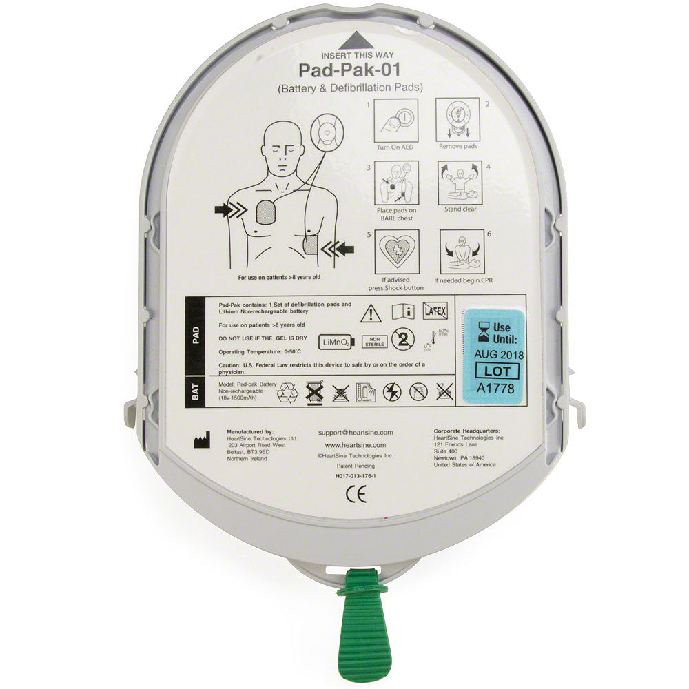 HeartSine Samaritan Adult Pad-Pak with illustrated usage instructions for defibrillation, including HeartSine diagrams and expiration date.